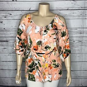 Avenue Size 18/20 Pink Floral Print Cold Shoulder Viscose Blend Knit Top Blouse